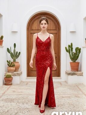Red Sequin Spaghetti-Strap Prom Gown with High Slit